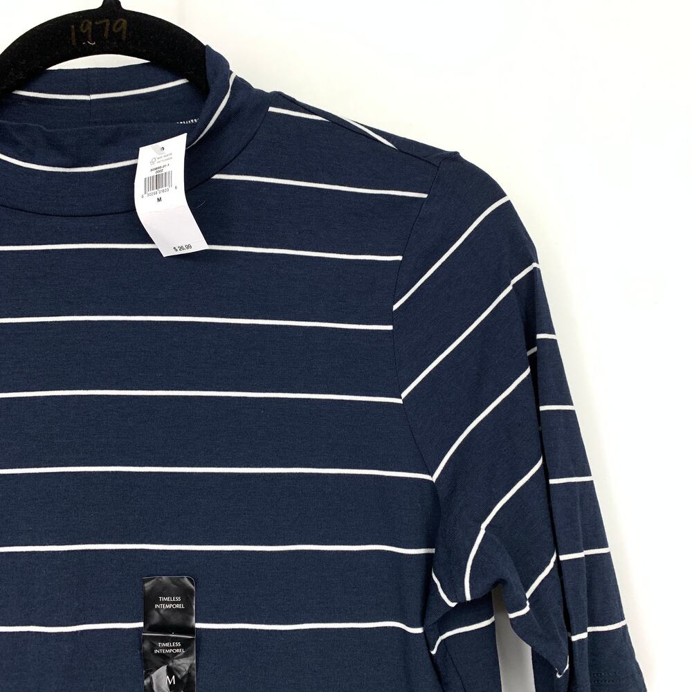 Banana Republic Timeless Mock Neck Half Sleeve T-Shirt Navy White Striped NEW - Picture 4 of 6
